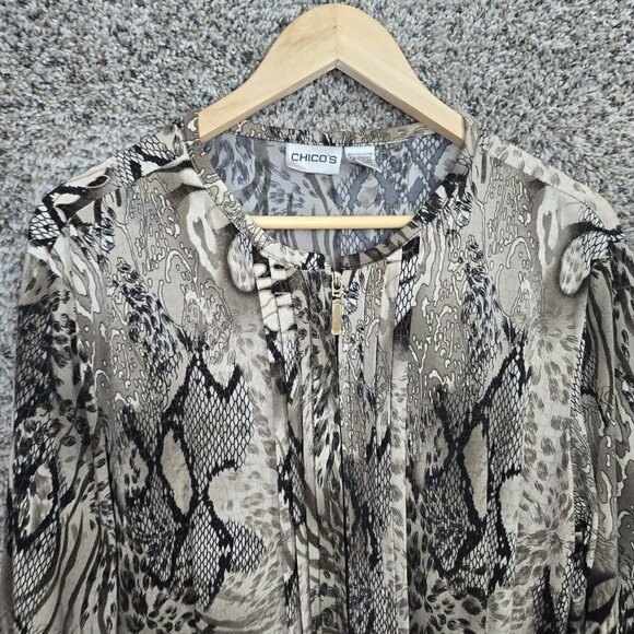 Chicos Top Womens 2 US Large Beige‎ Pintuck Blouse Zip Scoop Neck Casual Ladies - Picture 4 of 7